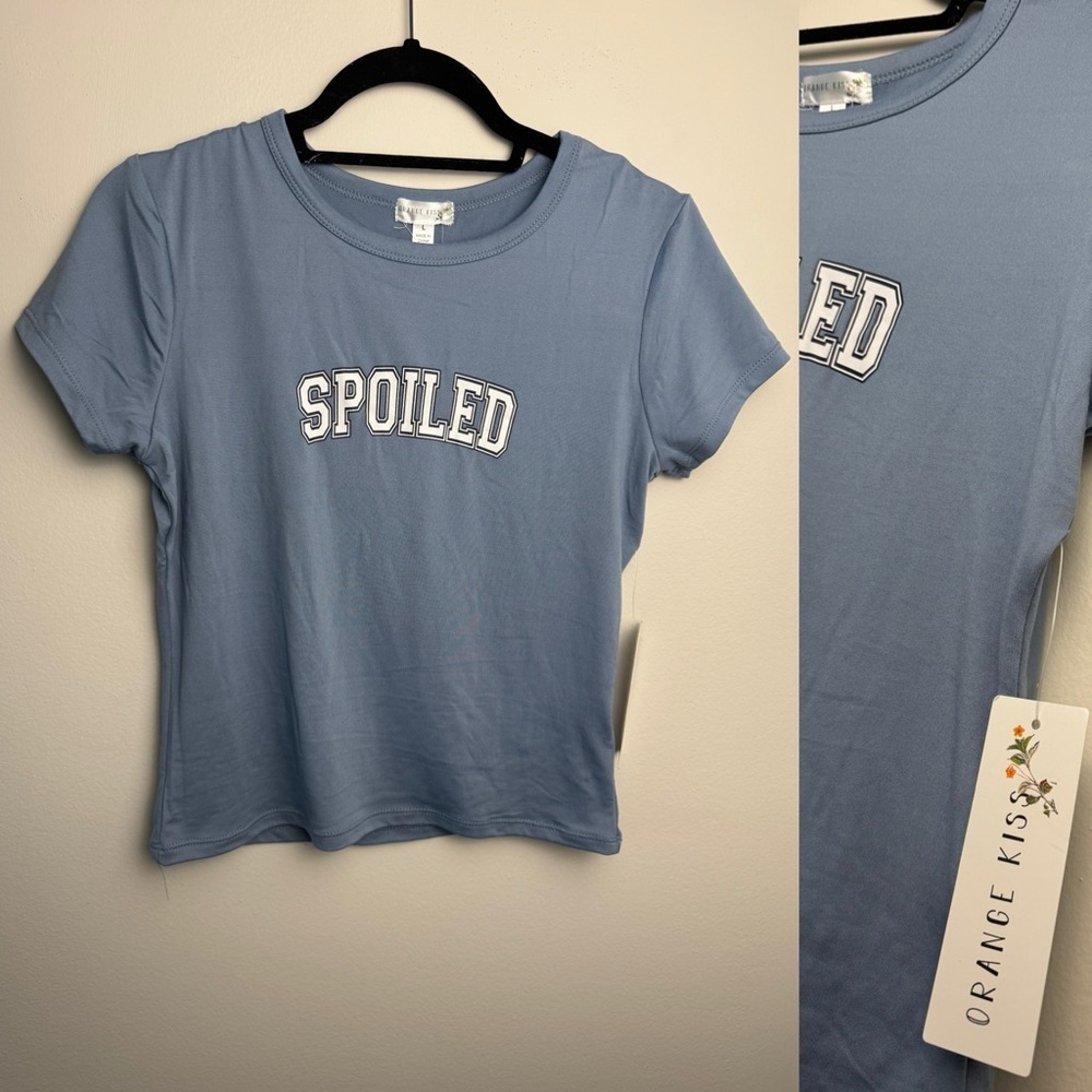 ORANGE KISS Blue T-shirt Spoiled Word NWT - Picture 2 of 5